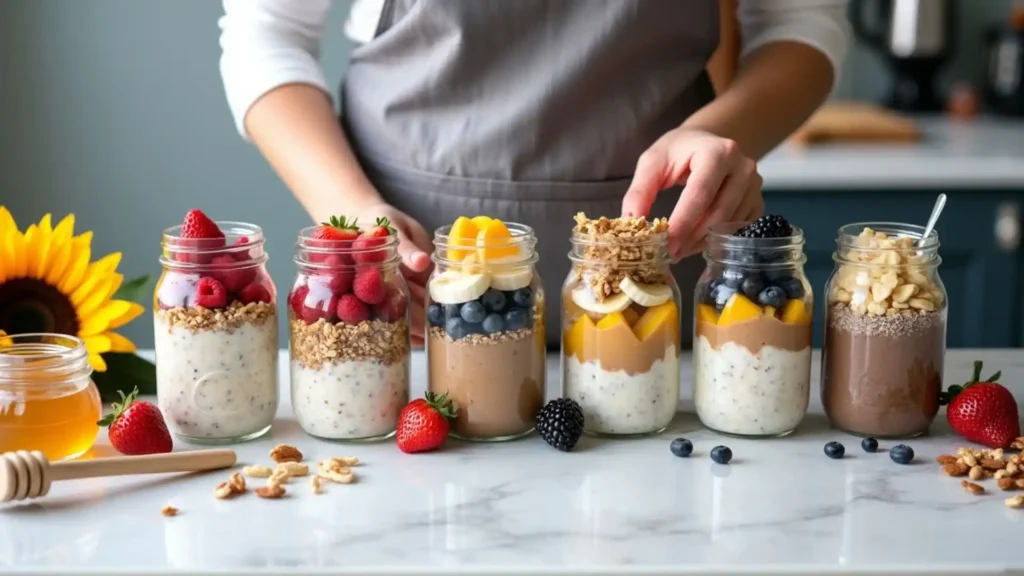 a person holding a jar of fruit and cereal