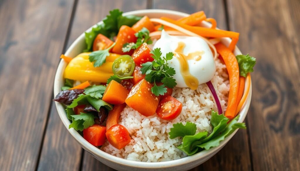 Colorful vegetable rice bowl