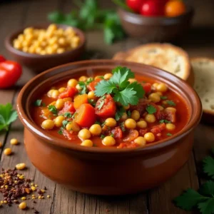 Hearty Mediterranean chickpea stew in earthenware bowl with bright vegetables and herbs, surrounded by fresh ingredients and spices on rustic wooden table