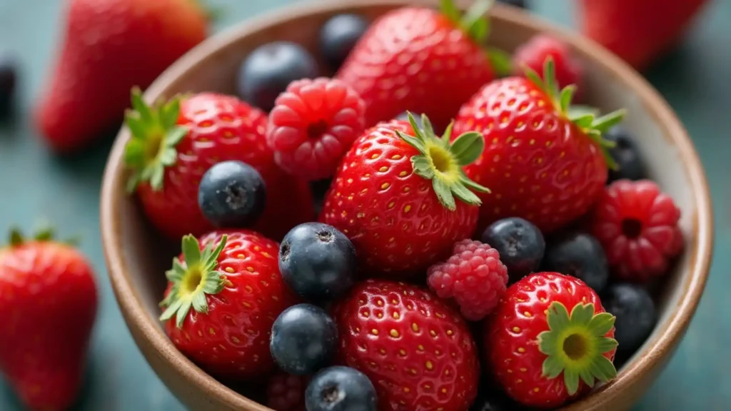 Fresh mixed berries in ceramic bowl featuring ripe strawberries, blueberries and raspberries in macro photography detail