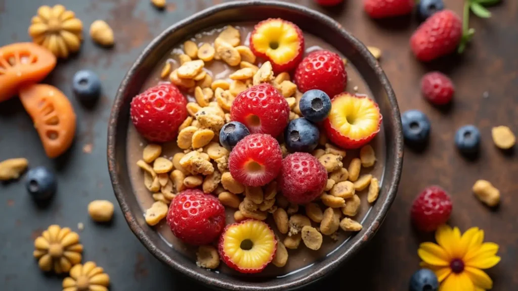 Chocolate quinoa smoothie bowl topped with roasted peanuts, fresh raspberries, golden raspberries and blueberries, decorated with yellow flowers