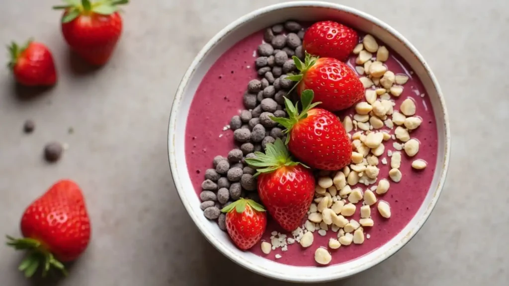 Berry quinoa smoothie bowl with vibrant pink base, topped with fresh strawberries, chocolate chips and chopped almonds in a clean diagonal pattern