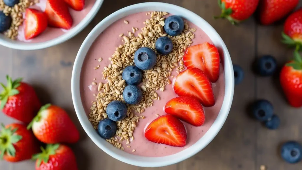 Strawberry quinoa smoothie bowl topped with diagonal stripes of fresh blueberries, granola and sliced strawberries, viewed from above with scattered fresh berries