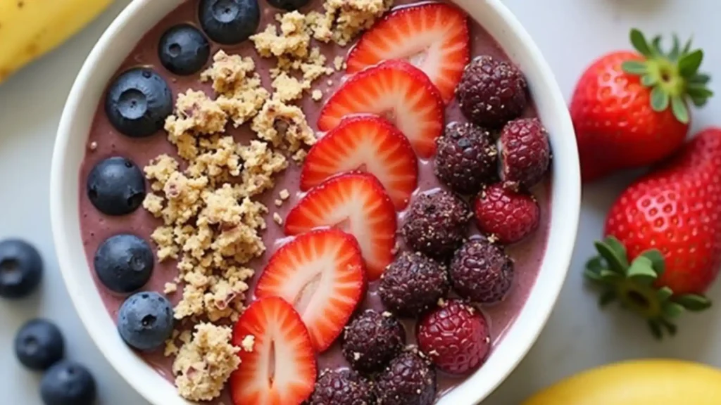 Berry quinoa smoothie bowl beautifully arranged with lines of blueberries, crumbled granola, sliced strawberries and frozen raspberries in a white bowl, with fresh fruit garnish