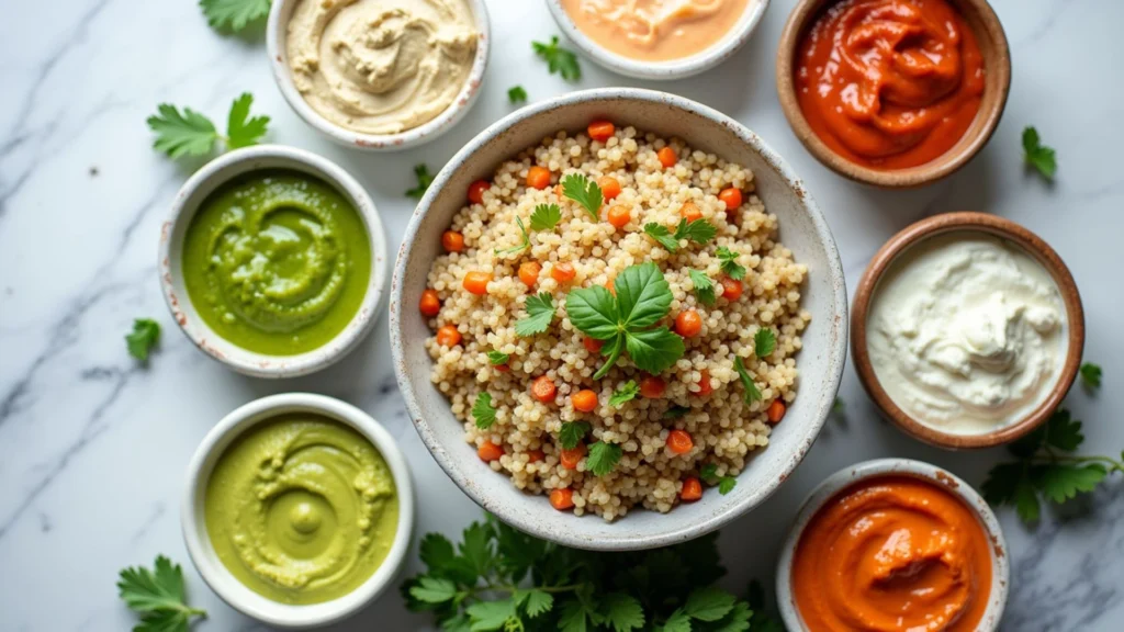 Colorful vegetarian power bowl with quinoa, sauces, and fresh herbs.