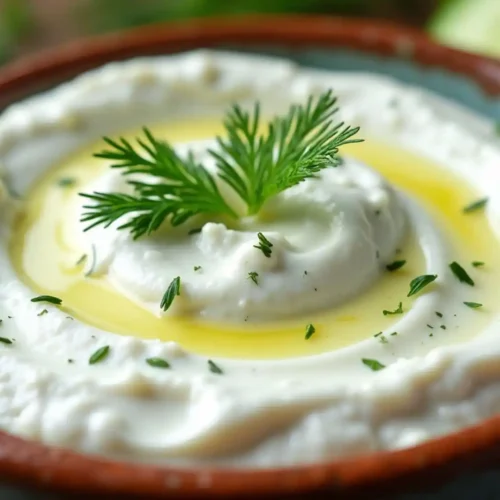 Creamy tzatziki sauce in a turquoise ceramic bowl, garnished with fresh dill and a drizzle of olive oil, creating a swirled pattern on top