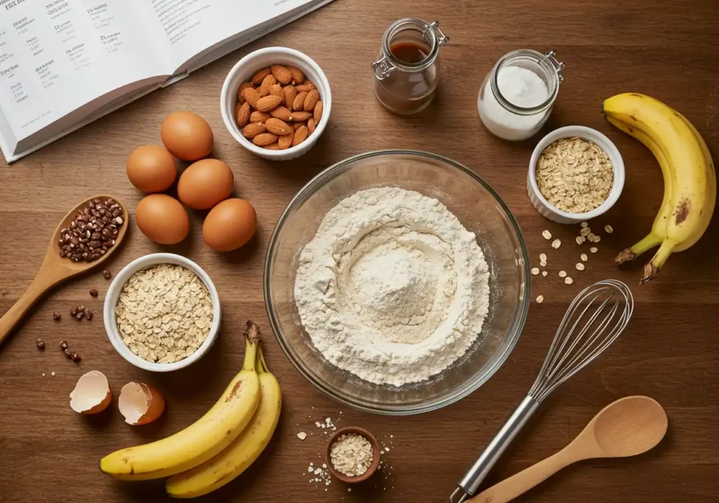 A top-down view of baking ingredients for banana bread, including flour, eggs, bananas, oats, almonds, and vanilla extract, arranged on a wooden surface with a recipe book.