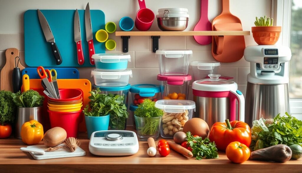 a kitchen counter with food and utensils