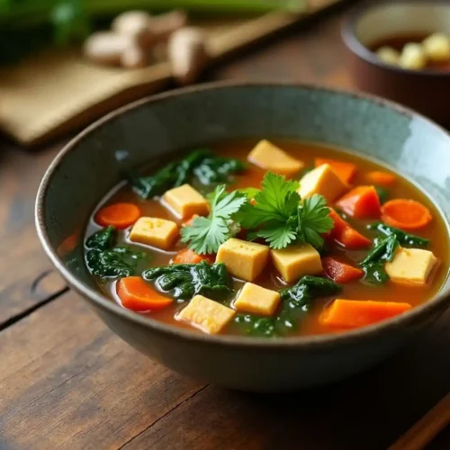 Vegetable tofu soup with carrots, spinach and mushrooms garnished with fresh parsley in a rustic ceramic bowl.