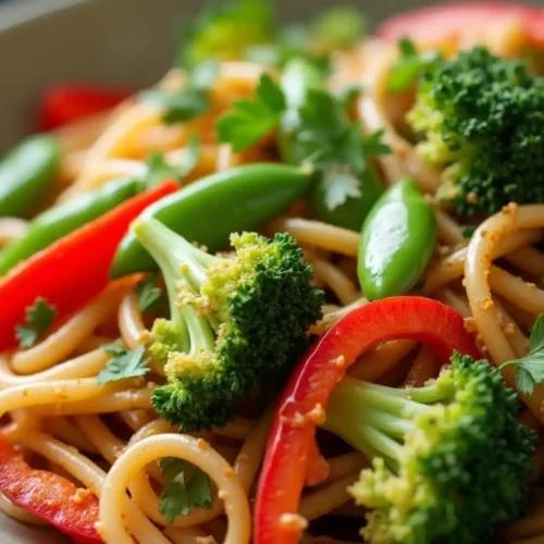 A colorful vegetable stir-fry with whole wheat noodles, broccoli, red bell peppers, and a creamy peanut sauce.