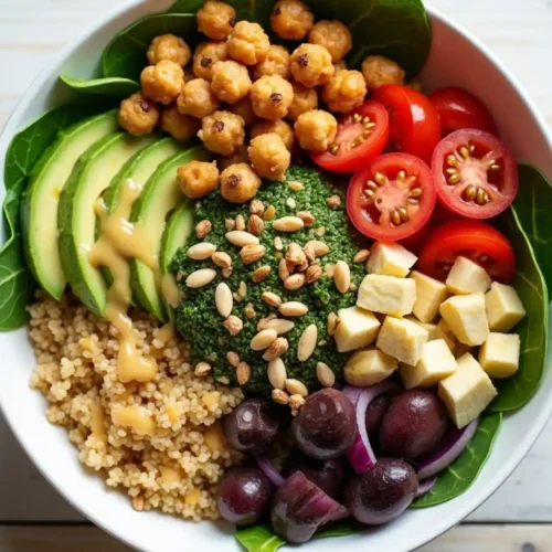 Power quinoa bowl topped with roasted chickpeas, avocado, cherry tomatoes, cubed tofu, grapes, sunflower seeds and leafy greens, drizzled with tahini sauce