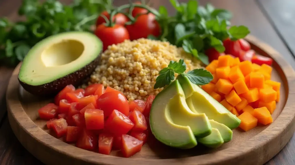 Deconstructed quinoa bowl ingredients on wooden board featuring cooked quinoa, diced tomatoes, sliced avocado, mango cubes and fresh herbs