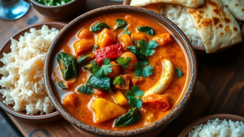 Indian vegetable curry with potatoes, spinach and tomatoes served with rice and naan bread.