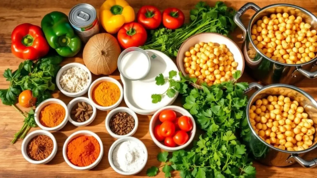 Assortment of ingredients for an Indian vegetarian meal including vegetables, spices, chickpeas, tomatoes, yogurt and herbs on a wooden table.