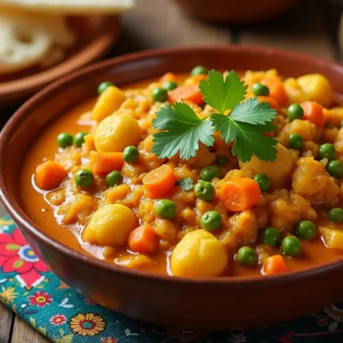 Vegetable curry with potatoes, peas, carrots and cilantro garnish in a brown bowl on a colorful textile.