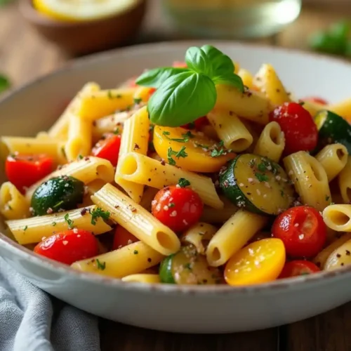 A vibrant plate of roasted vegetable pasta, featuring penne, cherry tomatoes, zucchini, and fresh basil.