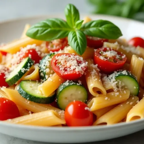 A plate of vegetarian pasta dish with penne pasta, sliced cucumbers, cherry tomatoes, and grated Parmesan cheese. The dish is garnished with fresh basil leaves.