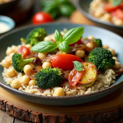 A colorful vegetarian rice bowl with roasted broccoli, chickpeas, and fresh basil garnish.