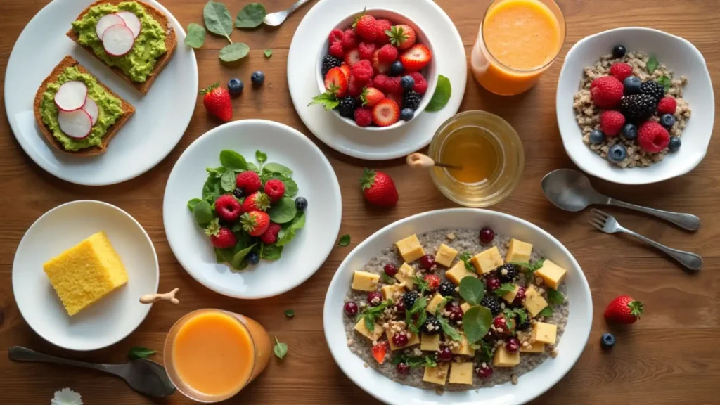 An assortment of healthy breakfast and brunch items, including avocado toast, fresh berries, oatmeal, salad, and beverages.