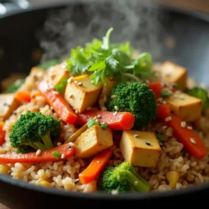 Close-up of a stir-fry dish with tofu cubes, broccoli, red bell peppers, and brown rice, garnished with fresh cilantro and sesame seeds