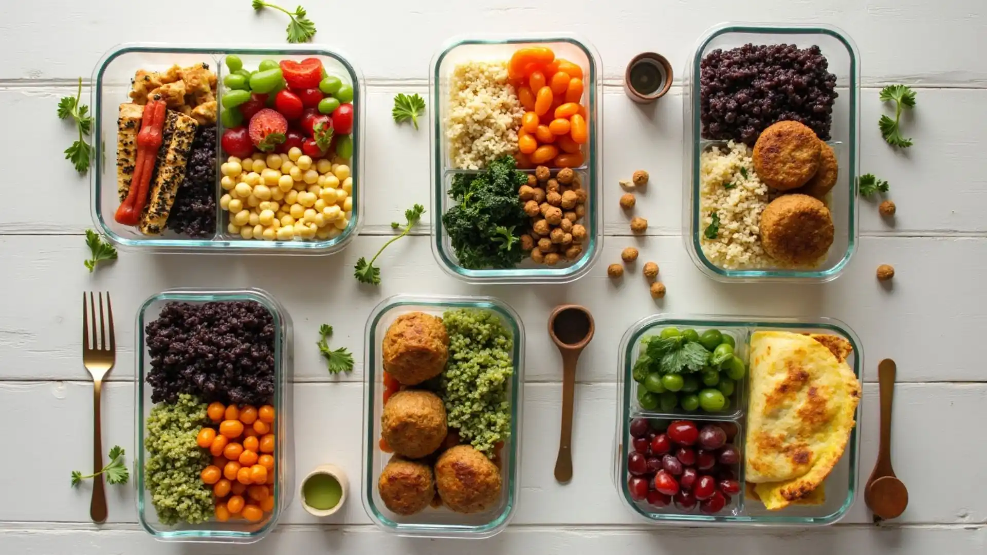 Six glass meal prep containers arranged on a white wooden surface, containing various healthy foods. Each container features different combinations of: sesame-crusted tofu, chickpeas, quinoa, black rice, kale, cherry tomatoes, grapes, mini carrots, and what appears to be vegetable patties. Wooden spoons and fresh cilantro garnish are scattered around the containers. The meals showcase colorful, plant-based ingredients separated into compartments.