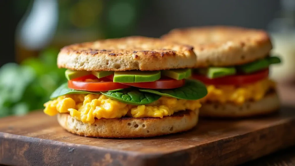 Homemade vegetarian breakfast sandwich with eggs cheese and avocado