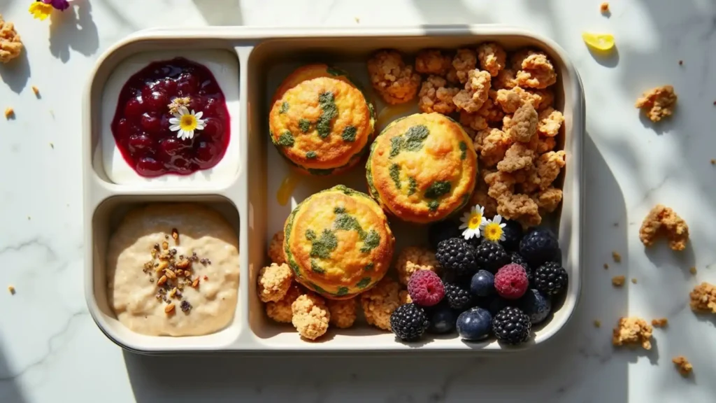 A breakfast bento box containing mini spinach quiches, granola clusters, and fresh berries (blackberries, blueberries, raspberries), with two dipping sauces: berry compote and vanilla yogurt topped with chia seeds. Decorated with small daisies.