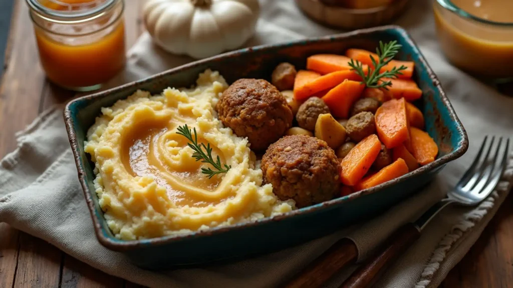 Comforting meal prep bowl featuring creamy mashed potatoes with gravy, two plant-based meatballs, and roasted carrots and mushrooms, served in a teal ceramic dish. White pumpkin and mason jars of sauce visible in background.