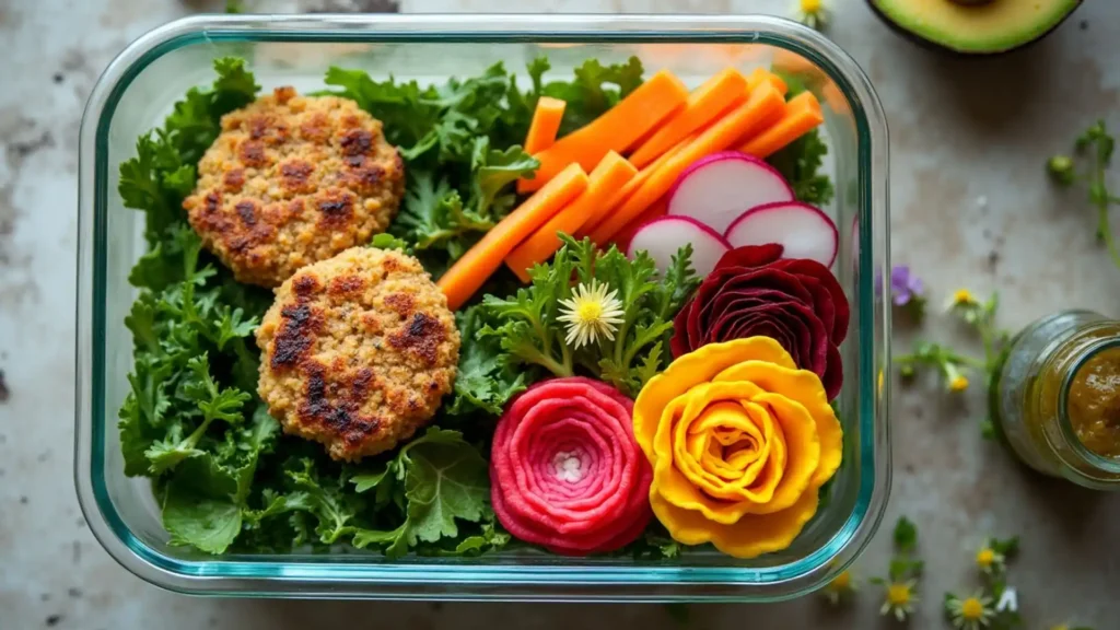 A glass meal prep container featuring grilled chickpea patties on a bed of fresh parsley, accompanied by carrot sticks, radish slices, and decorative vegetable roses in red, yellow, and burgundy colors made from beets and other root vegetables.