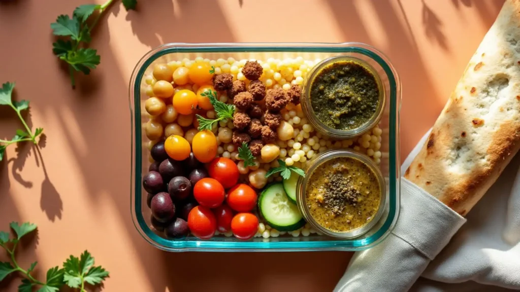 A glass meal prep container filled with Israeli couscous, colorful cherry tomatoes, chickpeas, cucumber slices, and seasoned crumbles, accompanied by two small jars of herb-based dressing. A folded naan bread and fresh parsley garnish complete the composition.