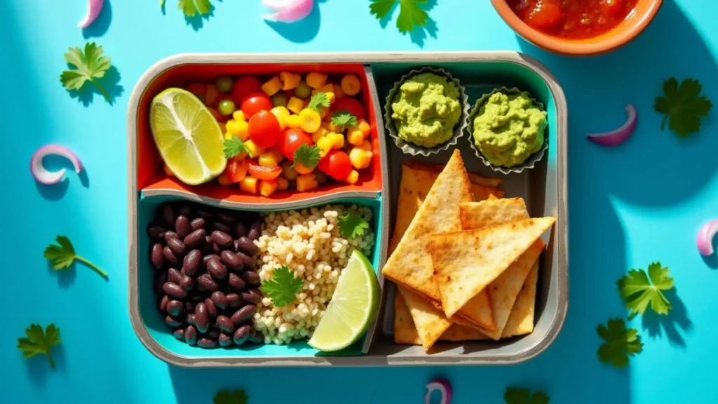 Mexican-inspired meal prep container with colorful sections: mixed corn and cherry tomatoes with lime, black beans and quinoa, tortilla triangles, and two portions of guacamole in metal cups. Red salsa bowl and cilantro garnish visible on turquoise background