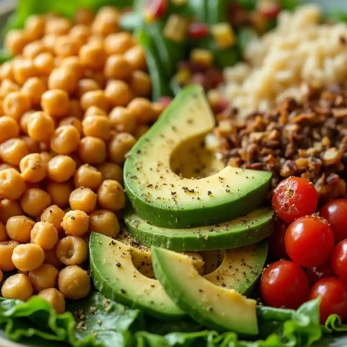 Close-up of a healthy grain bowl with seasoned chickpeas, sliced avocado sprinkled with black pepper, cherry tomatoes, and quinoa on a bed of fresh greens.