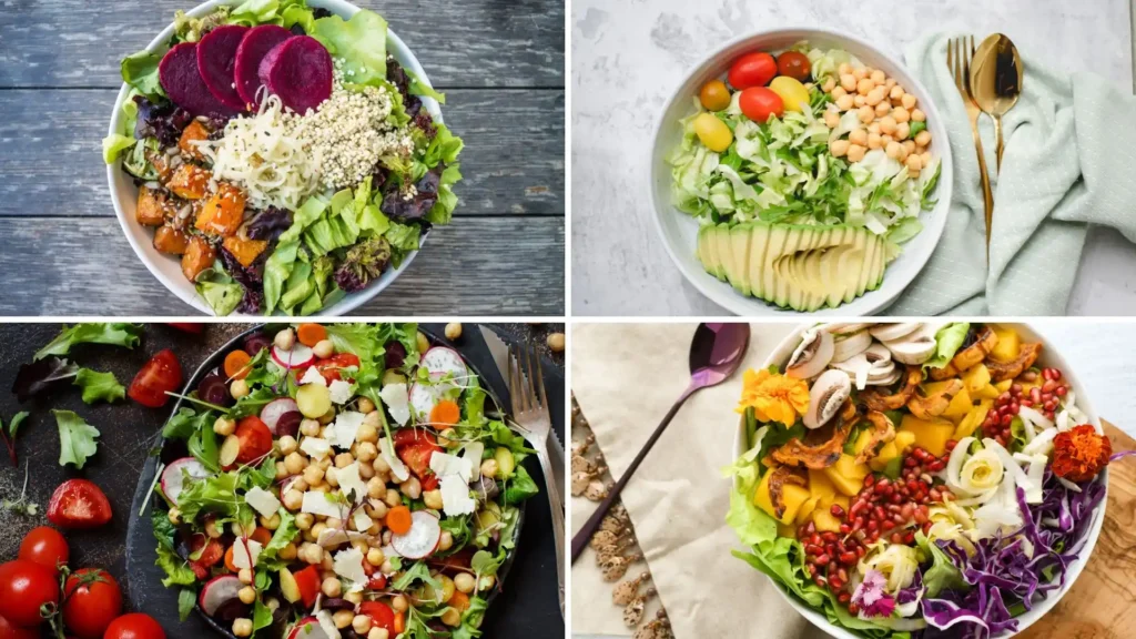 Four vibrant salad bowls showcasing different healthy combinations: 1) Roasted butternut squash with beets, hemp seeds and mixed greens 2) A simple avocado chickpea salad with cherry tomatoes 3) A Mediterranean-style salad with chickpeas, radishes and shaved parmesan 4) A tropical bowl with mango, mushrooms, pomegranate seeds and purple cabbage.