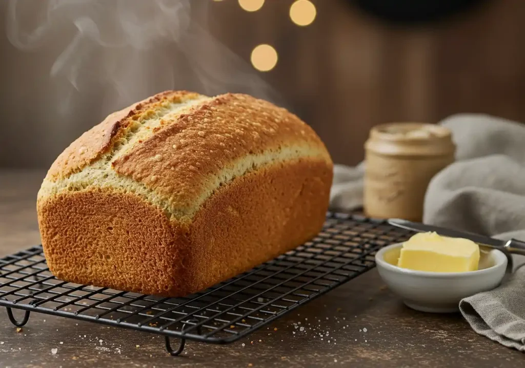 A steaming loaf of homemade bread resting on a cooling rack, with butter and a jar of spread in the background.