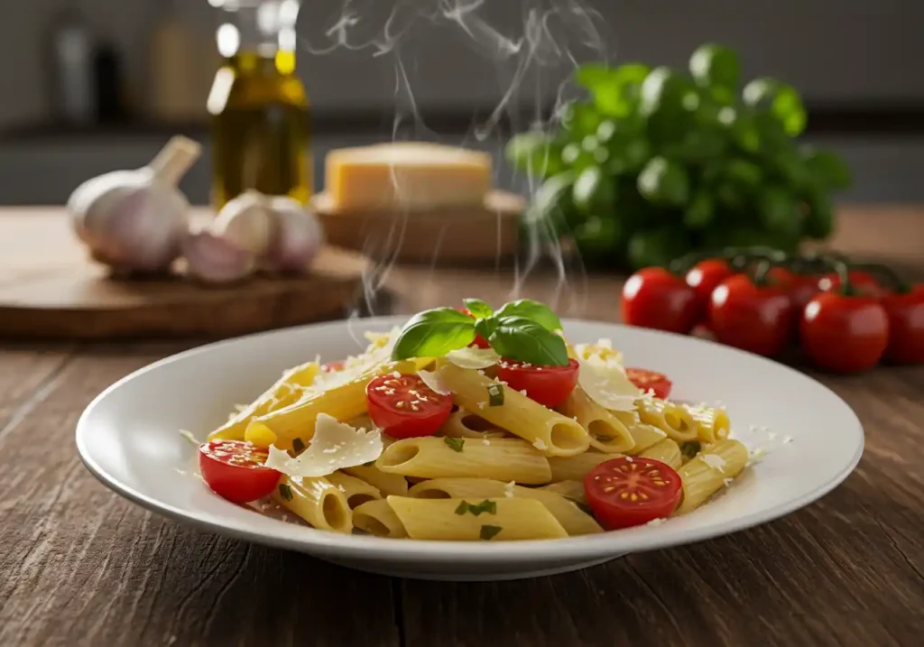 A steaming plate of penne vegetarian pasta with cherry tomatoes, fresh basil, and shaved parmesan, served on a rustic wooden table with garlic, olive oil, and herbs in the background.