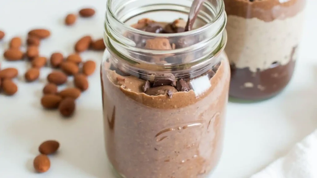 Peanut butter and chocolate smoothie in a glass jar.