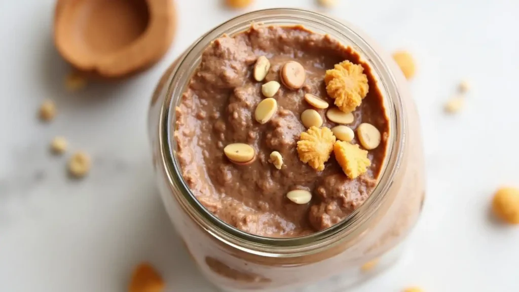 Peanut butter and chocolate overnight oats in a glass jar.