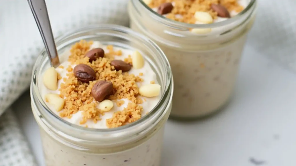 Jar of homemade overnight oats with nuts and fruit.