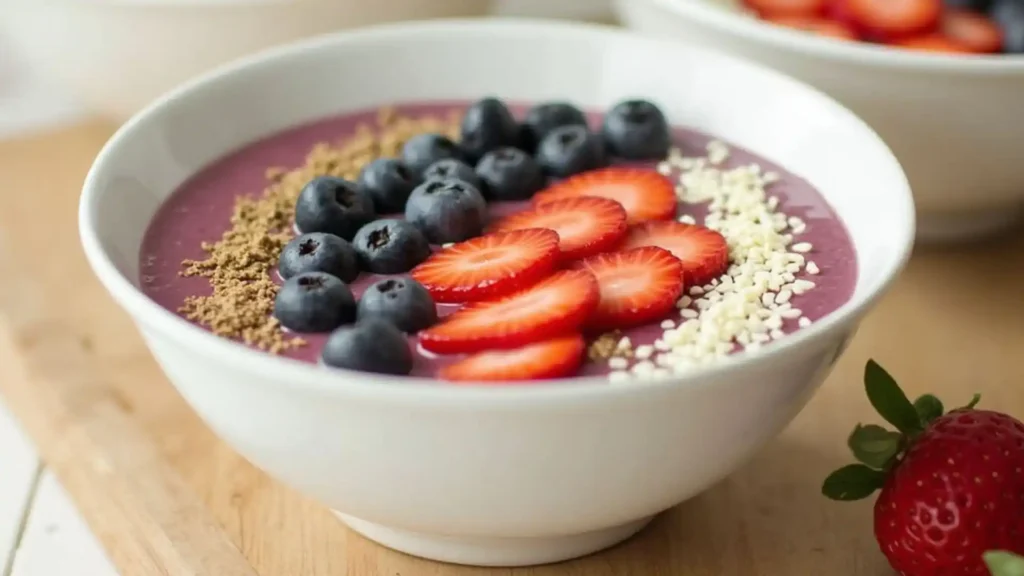 Blueberry smoothie bowl with various toppings.