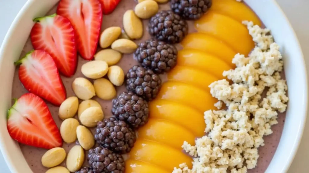 Bowl of fresh fruits, berries, nuts, and granola.