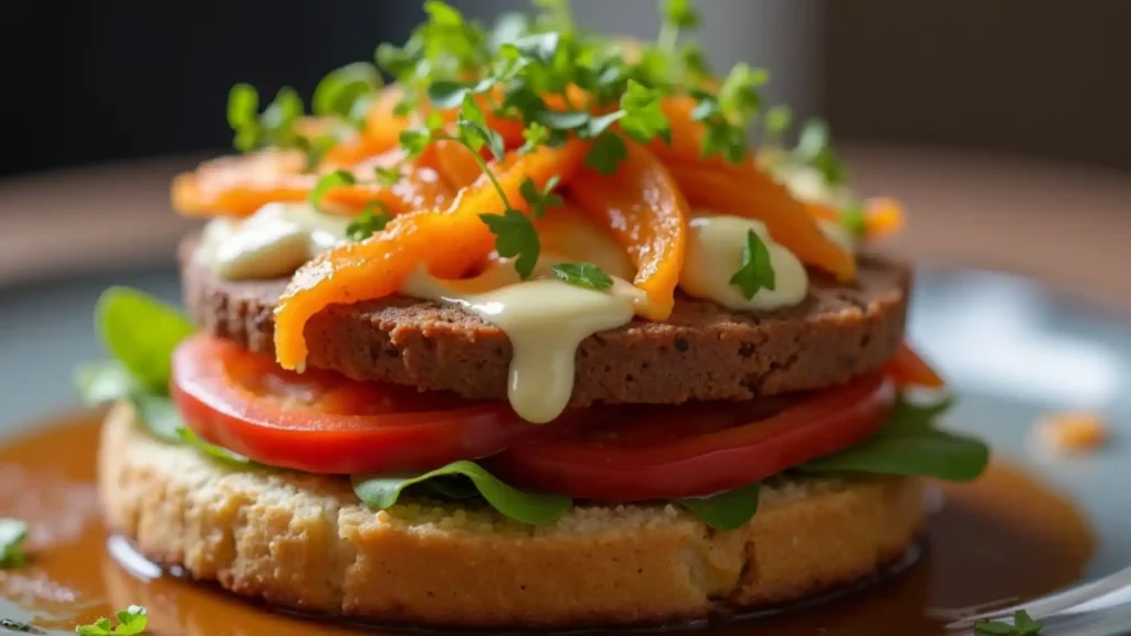 Healthy open-faced sandwich with avocado, tomatoes, and microgreens.