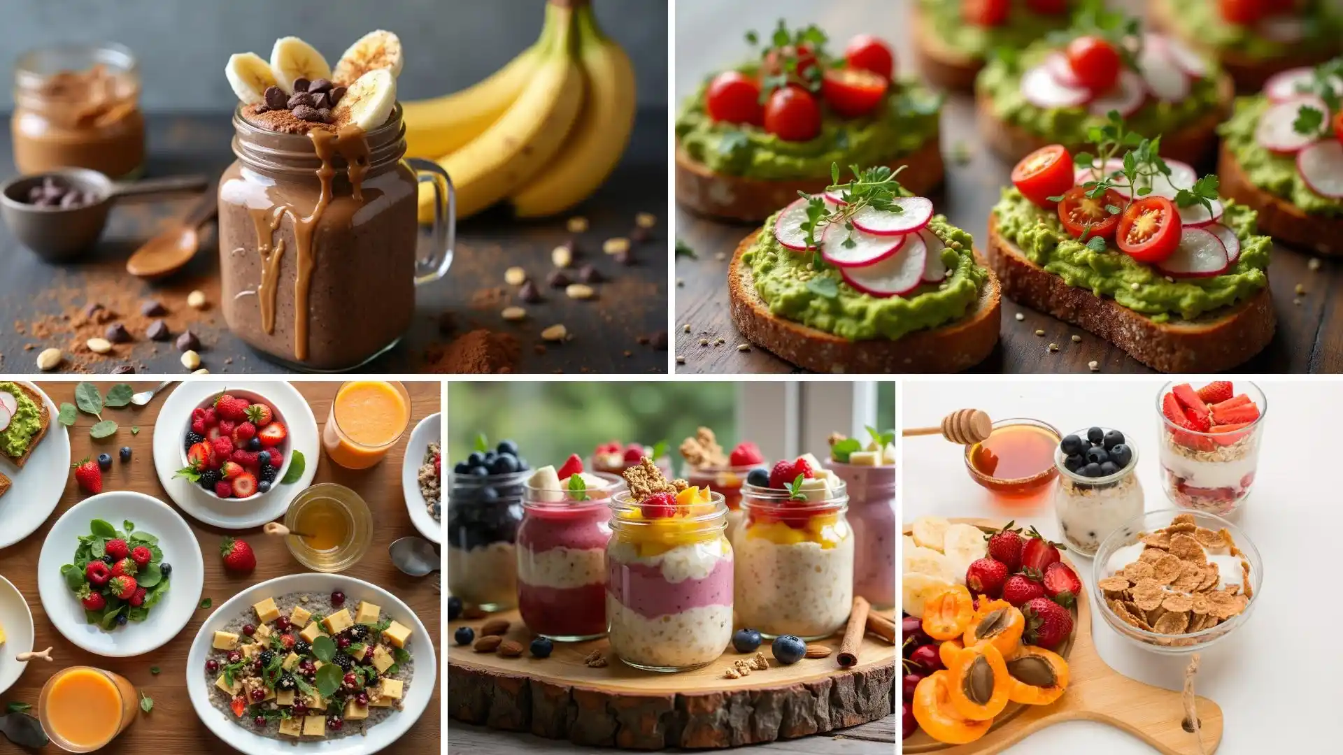 Collage of various healthy breakfast and snack options, including fruit smoothies, avocado toast, fresh berries, and yogurt parfaits.