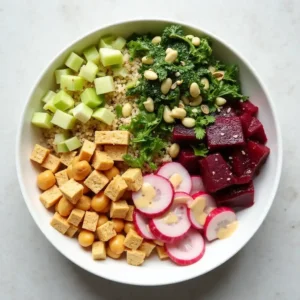 A nourishing Buddha bowl featuring cubed tofu, chickpeas, diced cucumber, kale topped with pine nuts, roasted beet chunks, and sliced radishes, arranged in sections on a white plate against a light background.