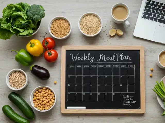 A chalkboard-style weekly meal planner surrounded by fresh vegetables, grains, legumes, and a laptop, set on a wooden kitchen counter