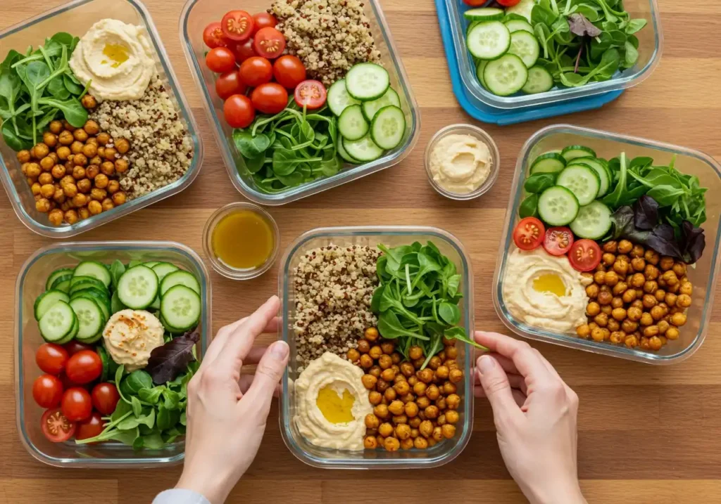 A collection of meal prep containers filled with quinoa, roasted chickpeas, fresh greens, cherry tomatoes, cucumber slices, and hummus, arranged on a wooden surface.