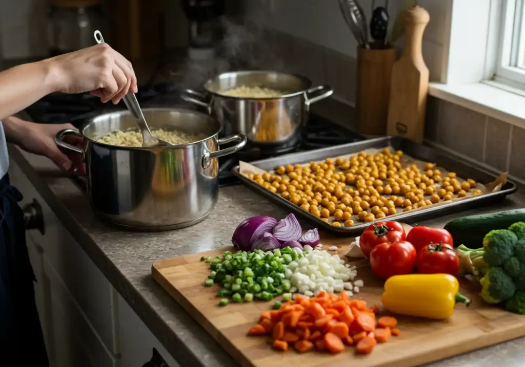 A person cooking quinoa in a pot on the stove, with a tray of roasted chickpeas and a cutting board filled with freshly chopped vegetables in a kitchen setting.