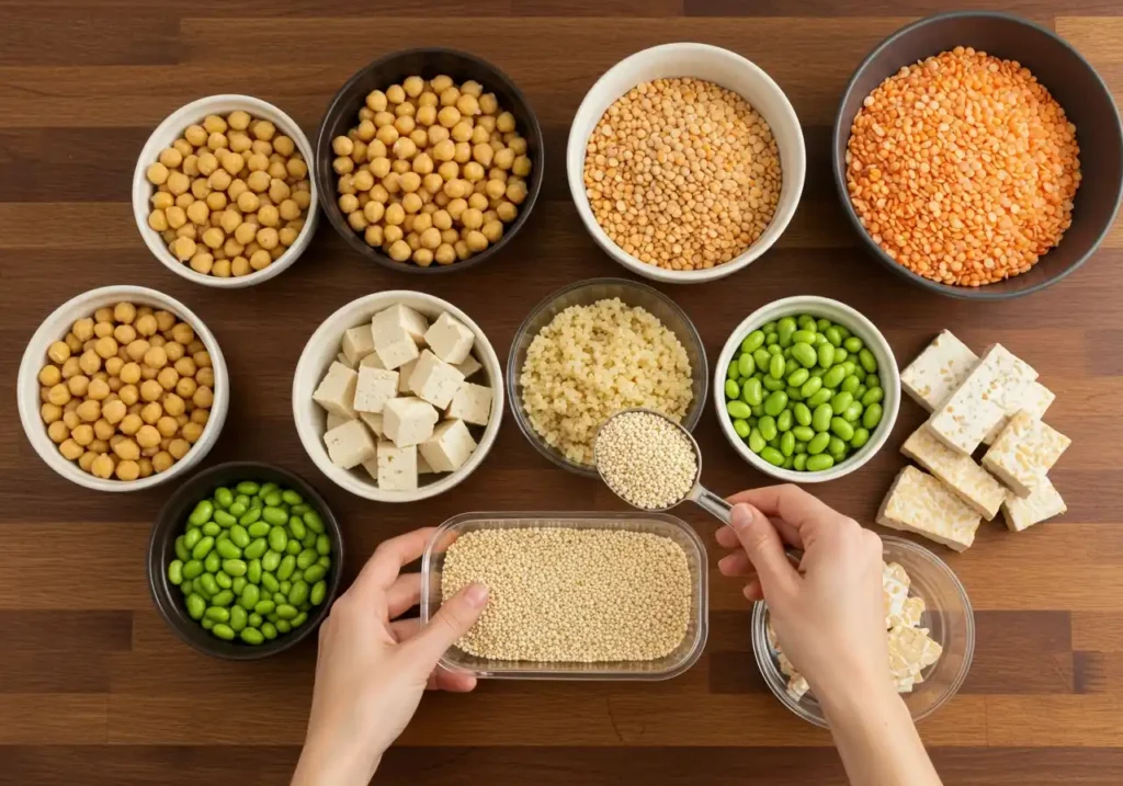 A variety of plant-based protein sources, including chickpeas, lentils, tofu, tempeh, quinoa, and edamame, arranged in bowls on a wooden surface, with a person scooping quinoa.