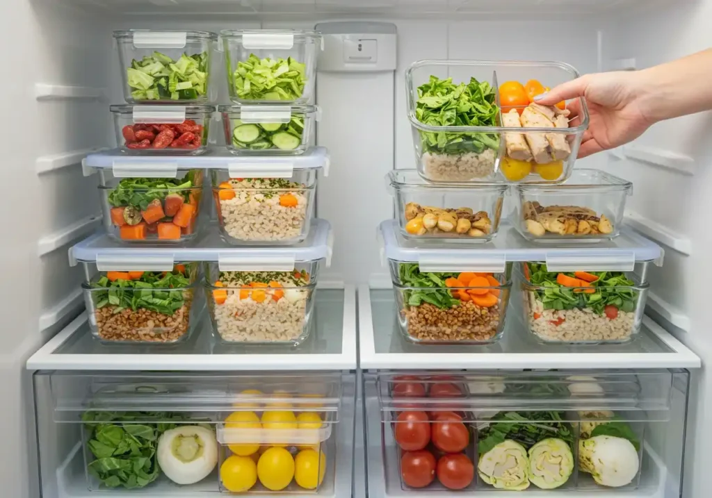 A well-organized refrigerator filled with neatly stacked meal prep containers containing fresh vegetables, grains, and proteins, with a hand placing one container inside.