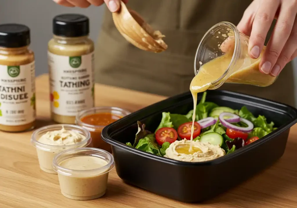 A person pouring tahini dressing over a fresh salad with hummus, cherry tomatoes, cucumber, and red onion, with bottles of dressing and dip containers in the background.