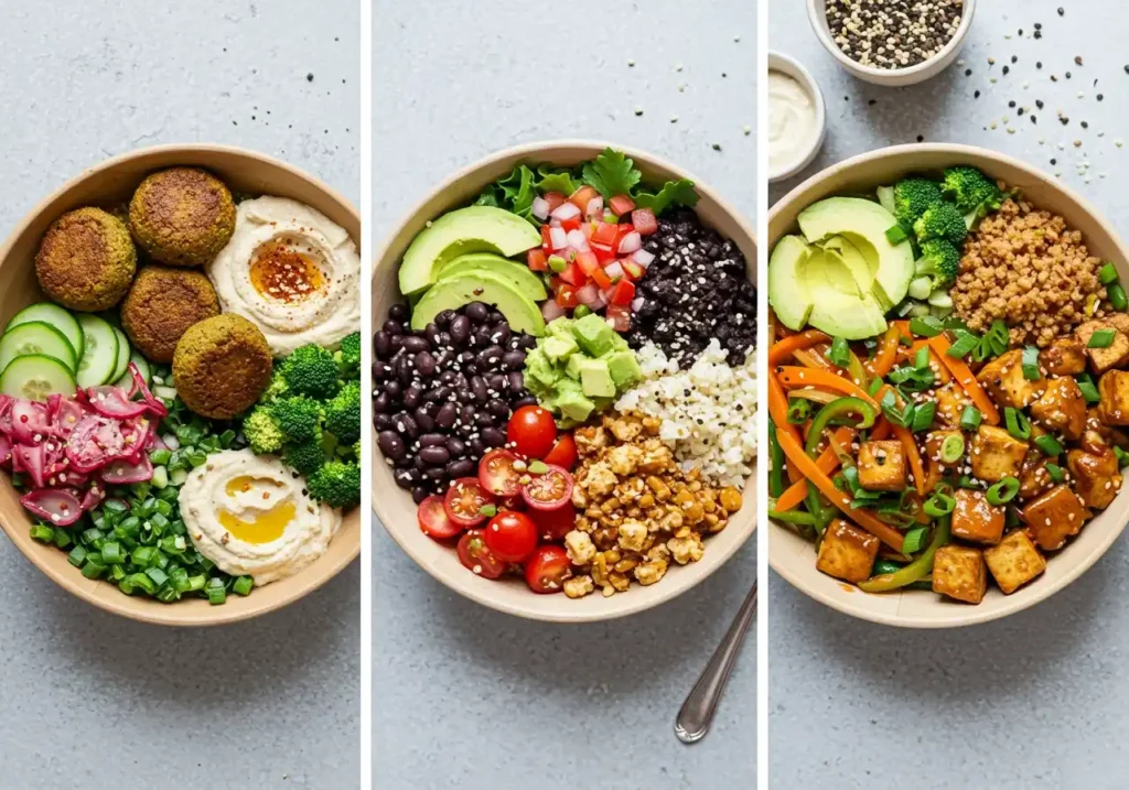 Three vibrant plant-based bowls featuring falafel with hummus, a black bean and avocado bowl, and a tofu stir-fry with vegetables, garnished with sesame seeds and fresh greens.